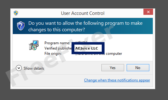 Screenshot where AEJuice LLC appears as the verified publisher in the UAC dialog
